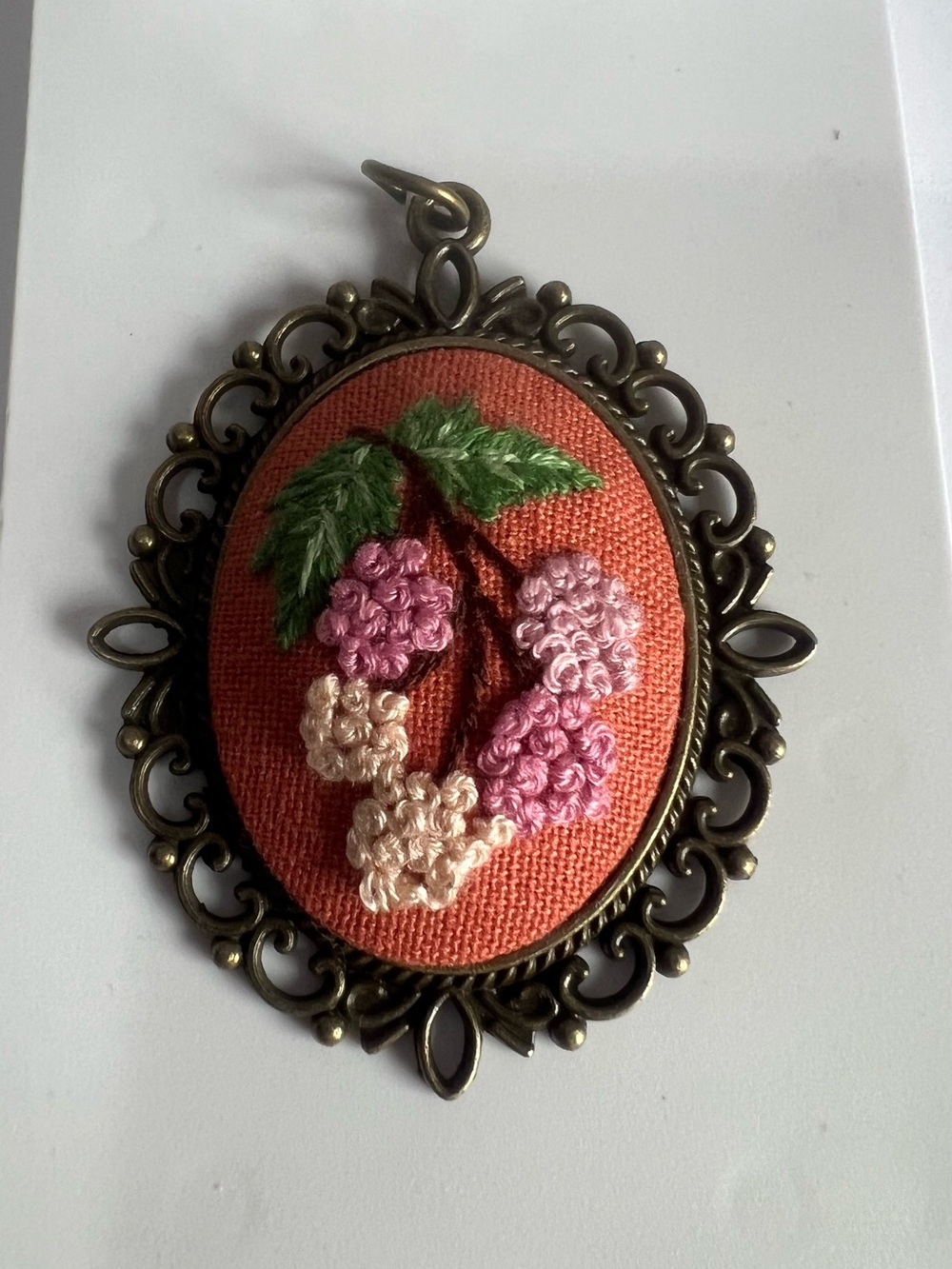 Embroidered Floral Pendant - Coral Background with Pink & Cream Flowers NWOT